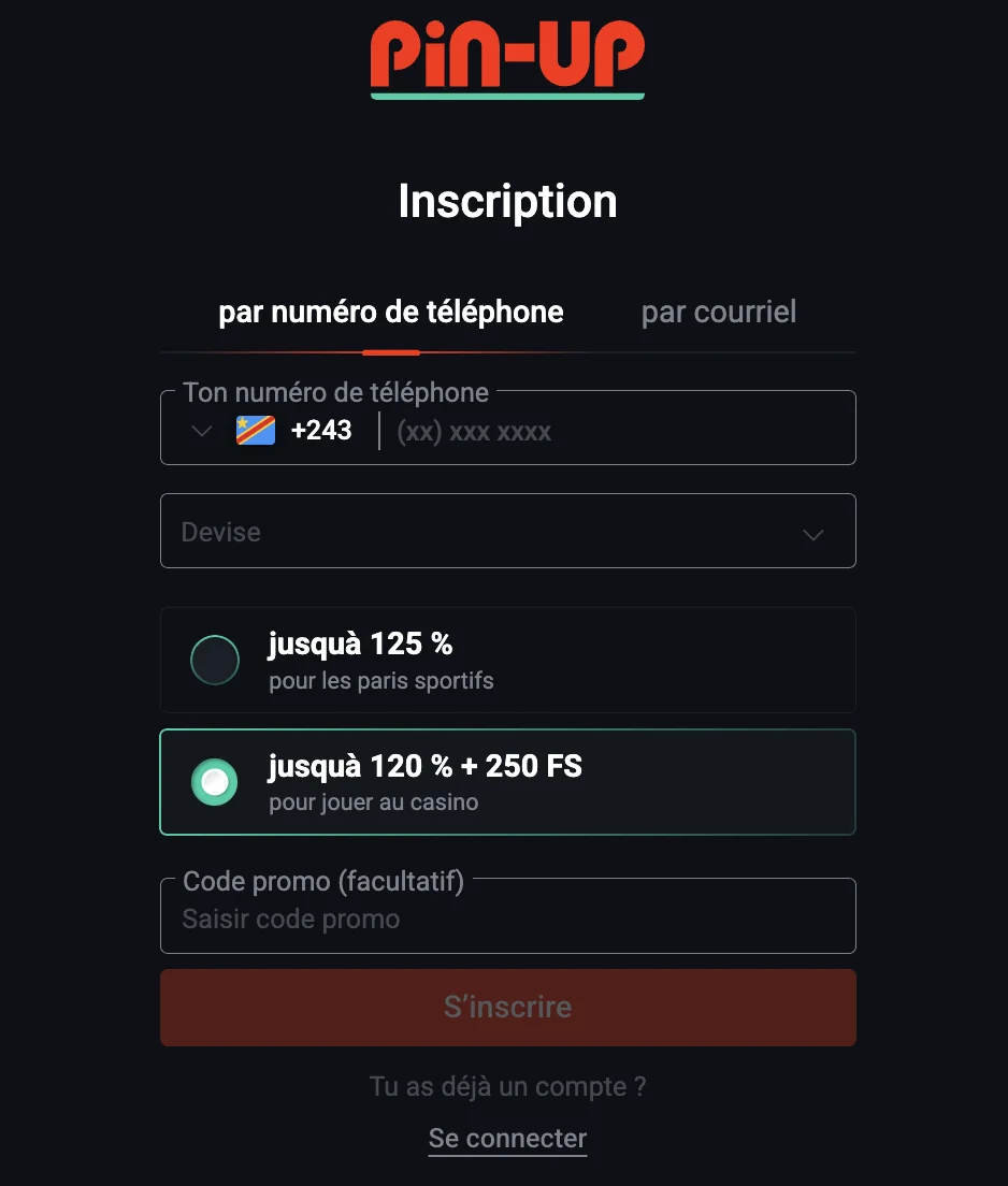 Créez un compte sur Pin Up Casino